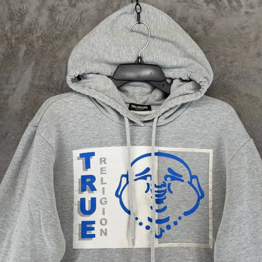 True Religion Hoodie Mens L Rect Two Tone Gray Buddha Graphic EUC